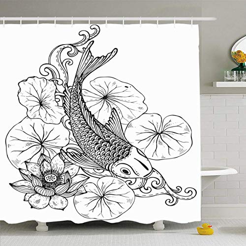 N/A Cortina de Ducha de 183 x 183 cm, diseño de Tatuaje de Peces de río Koi Nature Lotus Oriental Estanque Impermeable Tela de poliéster con Ganchos