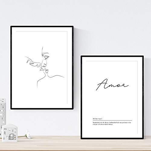 Nacnic Set de 2 Posters lineas Femeninas y Palabras Estilo nordico Blanco y Negro en tamaño A3 Beso Amor sin Marco