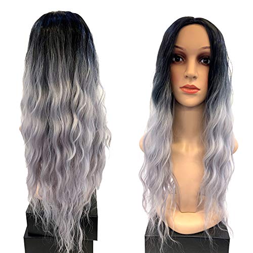 Nadazaa Peluca de pelo ondulado Larga Dorado Pelo Gris Negro Natural Cosplay para Fiesta Party Halloween resistente al calor