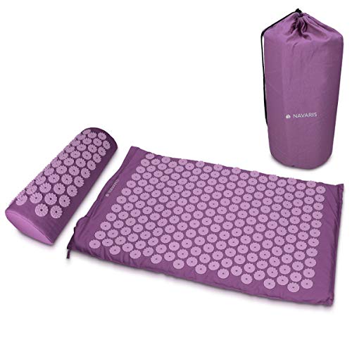 Navaris Set de masaje de acupresión - Esterilla de acupuntura y almohada - Manta para alivio de contracturas musculares dolor muscular Morado y rosa