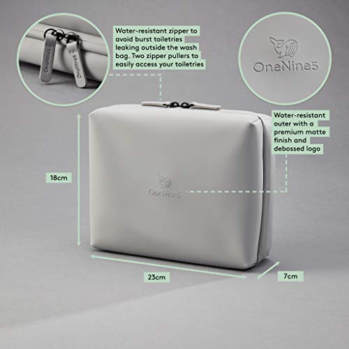 Neceser De Viaje OneNine5 en Gris Moeraki, con Bolsa Transparente para Avión, Cosmetiquera Ecológica, Plástico 100% Reciclado & Forro Impermeable, Bolsa De Aseo Colgante 7 Bolsillos Hombre Mujer …