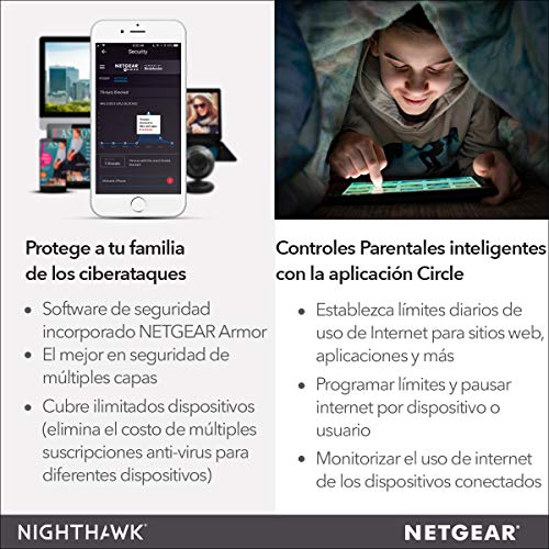 NETGEAR R7000P Router WiFi Nighthawk AC2300, Doble Banda, 4 Puertos Gigabit, protección Armor, Color Negro, 2300 Mbps