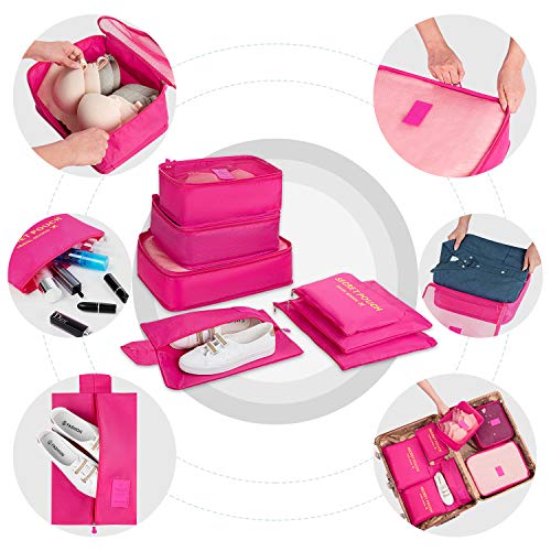 Newdora 7 en 1 Set de Organizador de Equipaje Viaje con Bolsa de Zapato,Impermeable Organizador de Maleta Bolsa para Ropa Sucia de Viaje, Portatrajes de Viaje, Material Nylon, Rosa