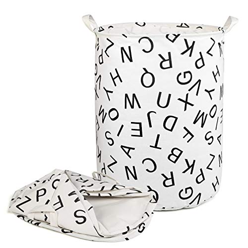 NEWSTYLE Cesto para la Colada,Plegable Cestas de Ropa Impermeable Algodón de Lino Bolsas Almacenamiento para Colada Tela Grande Cestos con Asa Cordón para Juguete Ropa Sucia (White Letters)