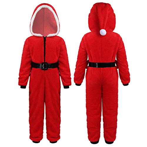 Niñas Trajes De Santa Ropa Suave Polar De Coral con Capucha Mono Pijamas con Cinturón De Fiesta De La Navidad del Partido De Cosplay,Rojo,L