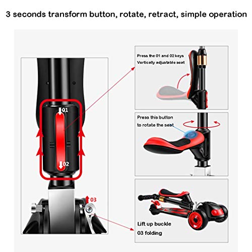 Niños NLIAN- 3 en 1 Patinete for, 4 Scooter for Altura Ajustable con Asiento Scooter de 3 Ruedas Ruedas Intermitentes de PU Cubierta Extra Ancha for 2 A 12 Años