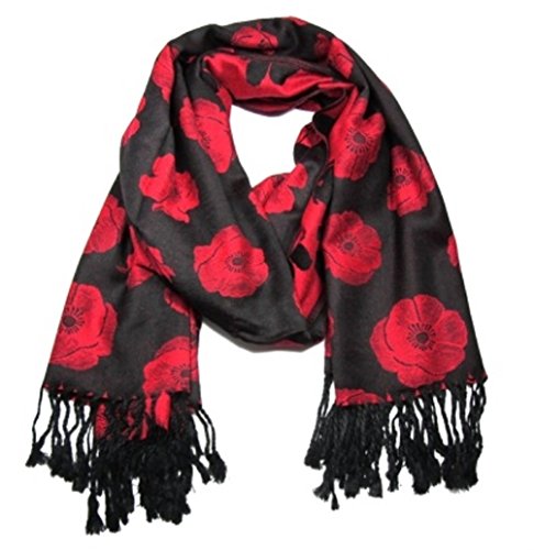 Nueva fina Pashmina suave negro rojo amapolas impresión bufanda abrigo regalo