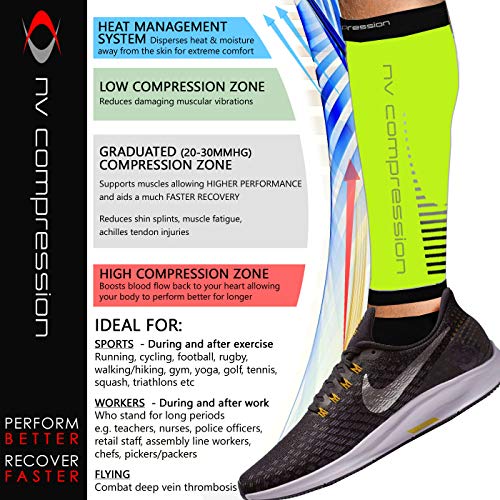 NV Compression Race and Recover Calentadores de Pantorrilla de compresión Negros - Compression Calf Sleeves - Sports Recovery, Work, Flight - Running, Cycling, Gym (Fluo Yellow/Black Stripes, L-XL)