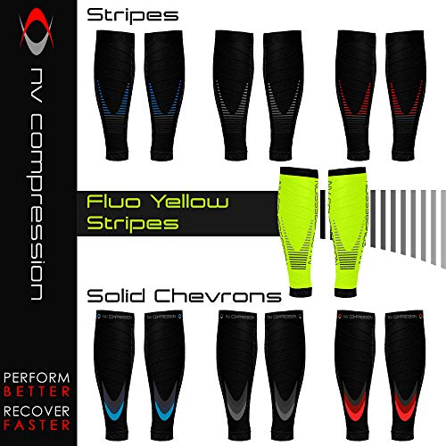 NV Compression Race and Recover Calentadores de Pantorrilla de compresión Negros - Compression Calf Sleeves - Sports Recovery, Work, Flight - Running, Cycling, Gym (Fluo Yellow/Black Stripes, L-XL)