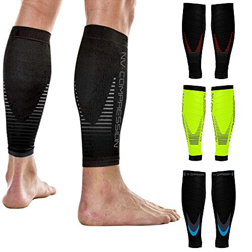 NV Compression Race and Recover Calentadores de Pantorrilla de compresión Negros - Compression Calf Sleeves - Sports Recovery, Work, Flight - Running, Cycling, Gym (Fluo Yellow/Black Stripes, L-XL)