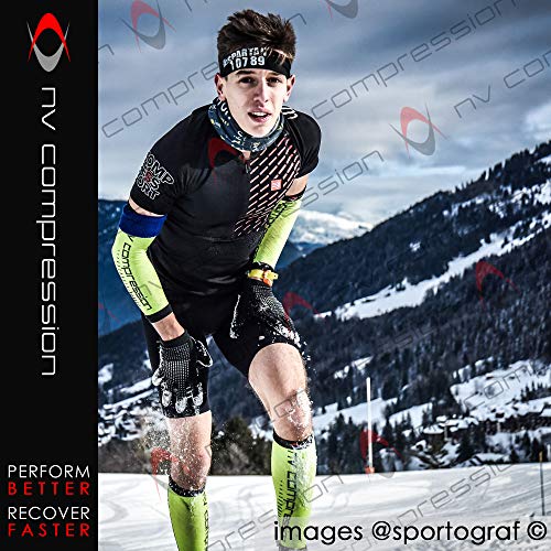 NV Compression Race and Recover Calentadores de Pantorrilla de compresión Negros - Compression Calf Sleeves - Sports Recovery, Work, Flight - Running, Cycling, Gym (Fluo Yellow/Black Stripes, L-XL)