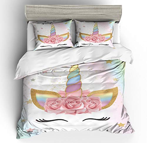 NYLIN Funda Nórdica Flores Unicornio para Niñas Infantiles Colcha Estampada Unicorn Juego De Ropa De Cama 2-4 PCS Fundas De Edredón Nórdico/Fundas De Almohada/Sábanas para Cama 90/135/150/180