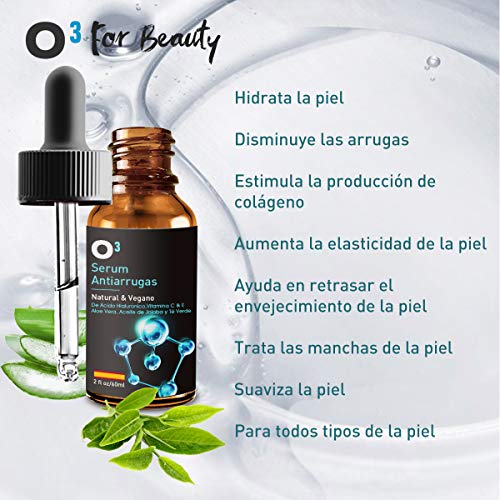 O³ Serum Acido Hialuronico 100% Puro – 60 ml For Beauty – Vegano | Serum Antiarrugas Mujer Y Hombre Con Vitamina C, E, Aloe Vera, Aceite De Jojoba, Te Verde|Serum Facial Vitamina C y Ácido Hialurónico