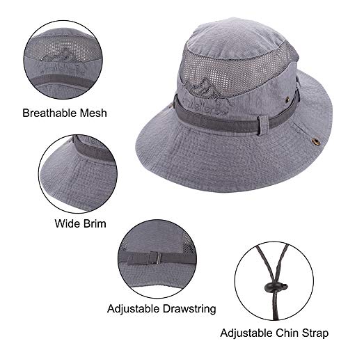 Obling Sombrero Sol algodón protección UV,Sombrero Verano,Sombrero Playa,Sombrero Safari Boonie,Sombrero Pesca Plegable con Malla Transpirable Correa Ajustable para Barbilla- Hombres Mujeres(Gris)