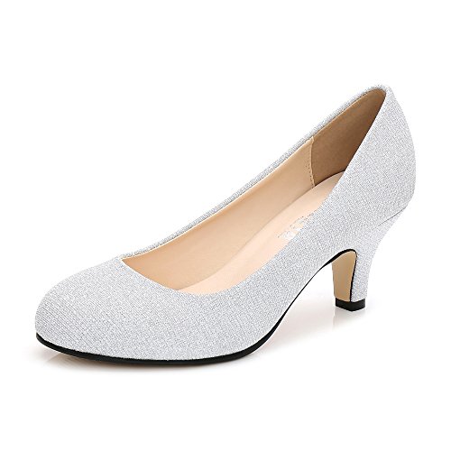 OCHENTA Mujer Cabeza Redonda Gatito talón Vestido Bombas de Trabajo Silver Glitter Tamaño Asiático 42-EU 40.5