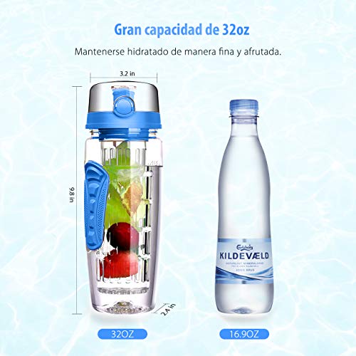 OMORC Botella Agua Deportiva, 1L Botella de Agua con Filtro Infusor de Fruta, sin BPA Reutilizable y Fitness para Niños, Oficina, Gimnasio, Yoga, Bici Incluye un Cepillo de Limpieza