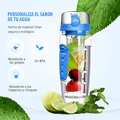 OMORC Botella Agua Deportiva, 1L Botella de Agua con Filtro Infusor de Fruta, sin BPA Reutilizable y Fitness para Niños, Oficina, Gimnasio, Yoga, Bici Incluye un Cepillo de Limpieza