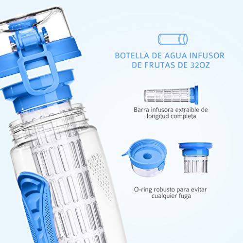 OMORC Botella Agua Deportiva, 1L Botella de Agua con Filtro Infusor de Fruta, sin BPA Reutilizable y Fitness para Niños, Oficina, Gimnasio, Yoga, Bici Incluye un Cepillo de Limpieza