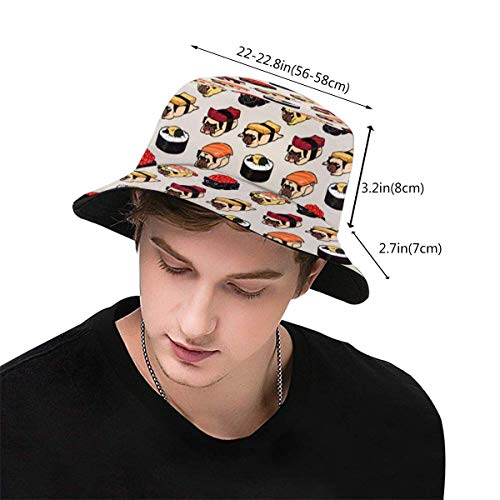 ONLED Sombrero de cubo plegable reversible Sushi Pugs impresión Sombrero pescador Cap Camping Pesca Safari para Hombres Mujeres Negro