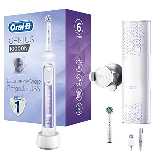 Oral-B Genius 10000N - Cepillo Eléctrico Recargable con Tecnología de Braun, 1 Mango Azul Orquídea Conectado con Inteligencia Artificial, 2 Cabezales de Recambio y 1 Estuche de Viaje Smart