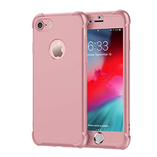 ORETECH Funda iPhone 8, Funda iPhone 7, con [2 x Protector de Pantalla de Vidrio Templado] 360 Carcasa iPhone 7/8 Silicona Ligera Delgado PC TPU Bumper Rubber Caso para iPhone 8/7 4.7'' Oro Rosa