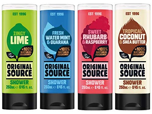 Original Source Gel de ducha Set 4 x 250 ml NUEVAS fragancias lima, ruibarbo y frambuesa, menta agua y guaraná, coco y manteca de karité