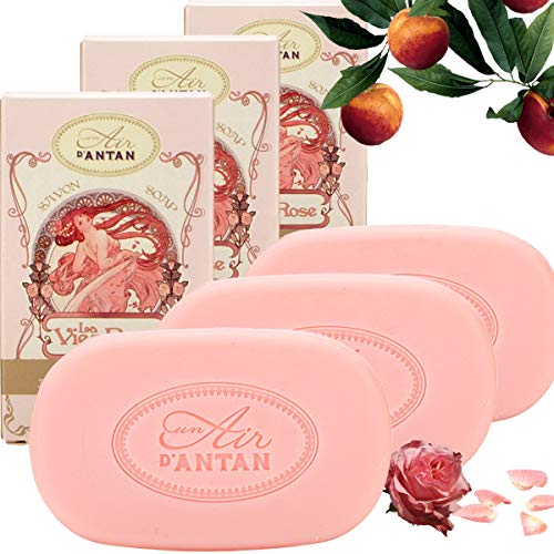 Pack 3x100 g: Jabones Franceses ROSA/Un Air d’Antan® / Formula Hidratante/Patchuli, Rosa, Pesca/Piel Sensible/Aceite de Argan y Manteca de Karite BIO/Jabones Solidos Manos o Corpo