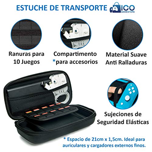 Pack de Accesorios Nintendo Switch Lite: Estuche de Transporte para Consola y 10 Juegos, Funda de Silicona Transparente con Grip y Protector de Pantalla de Cristal Templado (kit 2 vidrios)