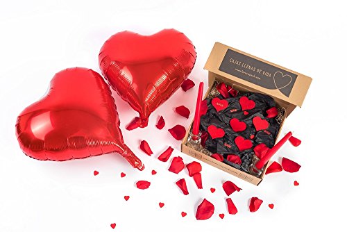 Pack ROMÁNTICO JE T' Aime (50 Pétalos Rosa Preservados + 2 Globos Corazón + 6 Corazones Fieltro + 4 Palabras Love + 20 Mini Corazones Rojos + 2 Candelabros Cristal + 2 Velas Largas Rojas)