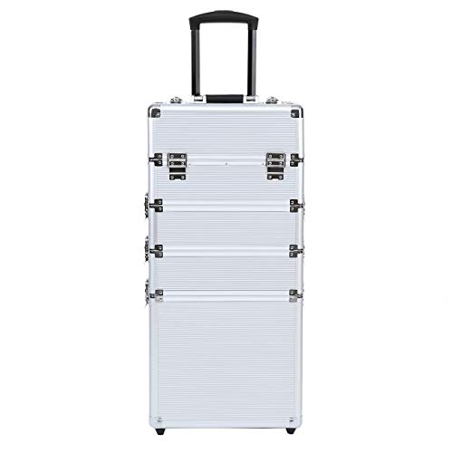 Paneltech 4 en 1 Belleza Maquillaje Belleza Rolling Case Organizador Cosméticos Peluquería Caja de almacenamiento con cerradura Bolsa Profesional portátil de viaje Trolley (plata)