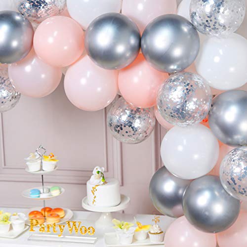 PartyWoo Globos Rosa Blancos Plateados, 60 Piezas Globo Rosa Pastel Globos Blancos Globos Plateados Metalizados Globos Confeti para Baby Shower, Fiesta Rosa, Plata Bautizo, Decoracion Fiesta Blanco