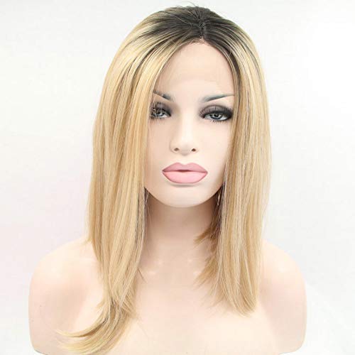 Pelucas cortas de cabello natural rubio pastel Ombre sintético, pelucas frontales de encaje para Drag Queen pelo de Bob recto con raíces oscuras, peluca completa de repuesto de 14 pulgadas