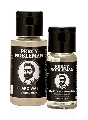 Percy Nobleman Kit de cuidado fácil de la barba – Estuche con aceite y champú limpiador para la barba, compuestos de un 99 % de ingredientes naturales