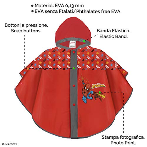 PERLETTI Poncho Impermeable Spiderman - Chubasquero Capa de Lluvia Niño Estampado Marvel Spider Man Hombre Araña - Dos Variantes de Color con Capucha y Botones - Tejido EVA (Rojo, 3/6 Años)