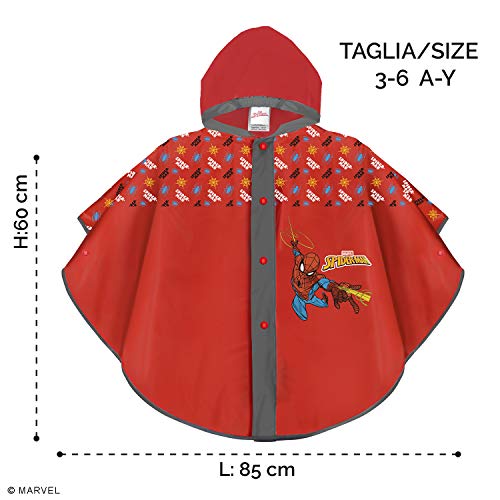 PERLETTI Poncho Impermeable Spiderman - Chubasquero Capa de Lluvia Niño Estampado Marvel Spider Man Hombre Araña - Dos Variantes de Color con Capucha y Botones - Tejido EVA (Rojo, 3/6 Años)