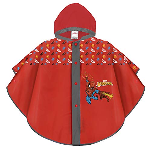 PERLETTI Poncho Impermeable Spiderman - Chubasquero Capa de Lluvia Niño Estampado Marvel Spider Man Hombre Araña - Dos Variantes de Color con Capucha y Botones - Tejido EVA (Rojo, 3/6 Años)