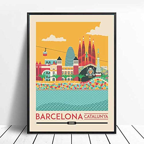 PHhomedecor Póster De Viaje De Barcelona, ​​Cataluña, España, Impresiones En Lienzo, Pintura, Cuadro Artístico De Pared para Decoración del Hogar del Dormitorio,50X70Cm Sin Marco,Ph-1367