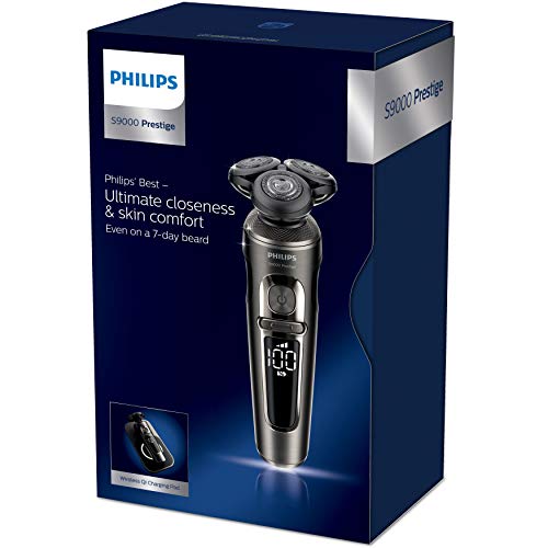 Philips Serie 9000 Prestige SP9861/16 - Afeitadora eléctrica para hombre con bandeja de carga Qi, sensor de densidad de barba, 3 modos, seco/húmedo, con perfilador de barba y funda premium, plata