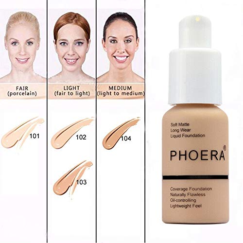 PHOERA Foundation 30ml Foundation Liquid Cobertura total 24HR Matte Oil Control Corrector, 103 Warm Peach y 104 Buff Beige con 18ml Face Primer Makeup Sponge Foundation Brush Powder Brush