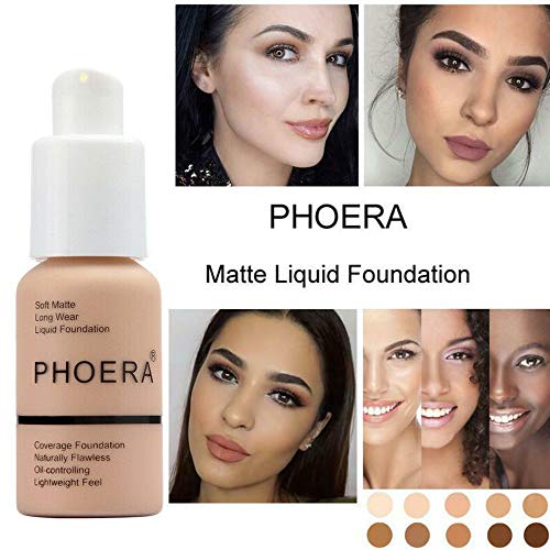 PHOERA Foundation 30ml Foundation Liquid Cobertura total 24HR Matte Oil Control Corrector, 103 Warm Peach y 104 Buff Beige con 18ml Face Primer Makeup Sponge Foundation Brush Powder Brush