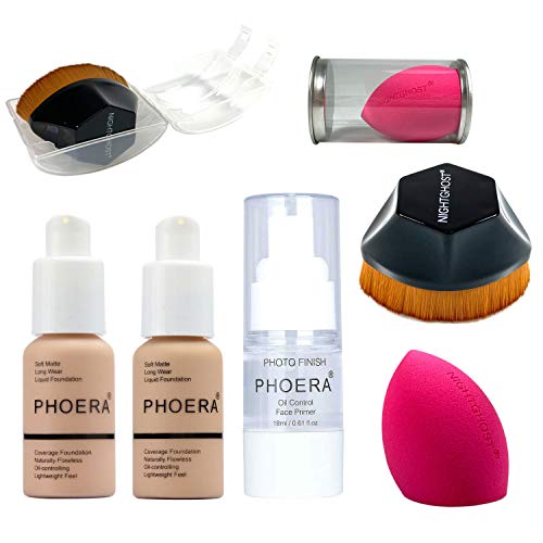 PHOERA Foundation 30ml Foundation Liquid Cobertura total 24HR Matte Oil Control Corrector, 103 Warm Peach y 104 Buff Beige con 18ml Face Primer Makeup Sponge Foundation Brush Powder Brush