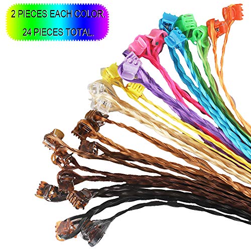 Pinza de Pelo para Niñas 24pcs Pelo Trenzado de Nylon de Fibra Trenza de Pelo Niñas con Clip para Fiesta de Cumpleaños y Rendimiento Infantil (12 Colores)