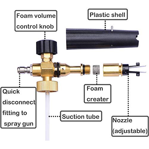 Pistola de espuma de nieve para lavado de coches pistola de espuma de latón ajustable de cañón 1L botella de espuma de jabón, para arandelas a presión (botella de espuma)