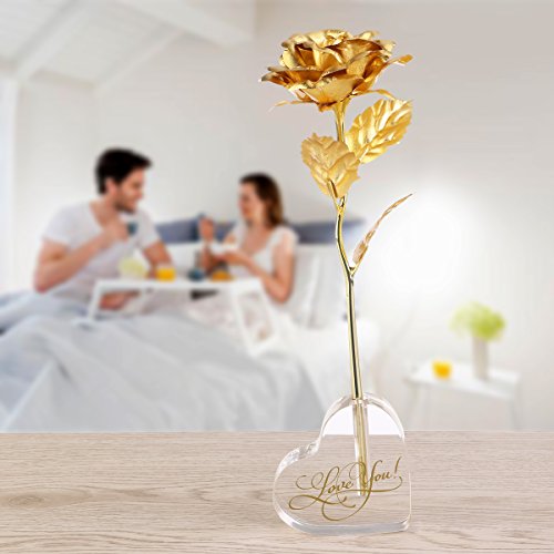 PIXNOR Flor de rosa de hoja de oro de 24K con corazón de acrílico en forma de Base de soporte, de la madre día de San Valentín regalo día regalo cumpleaños regalo aniversario