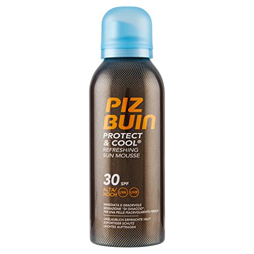 Piz Buin Protect & Cool Refreshing Sun Mousse - Espuma de protección solar refrescante con efecto frío, factor 30 de protección solar, sin sustancias grasas, absorción rápida, 150 ml