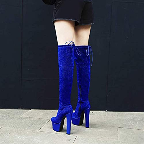 PLAYH Botas con Plataforma sobre La Rodilla, Botas Sexis para Mujer con Tacón Grueso De Punta Redonda, Botas Largas con Tacón Súper Alto De 17 CM para Fiestas (Color : Blue, Size : 41)