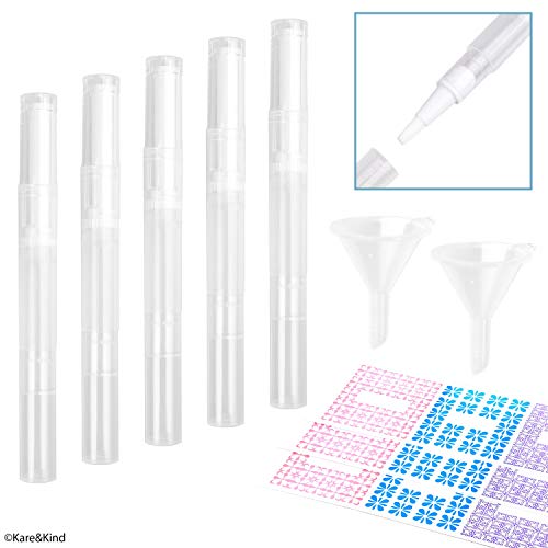 Pluma Contenedora de Cosméticos Vacía - Paquete de 5 - Aplicador de Fluidos rellenable con Punta de Pincel - Para Esmalte, Brillo Labial, Blanqueador de Dientes, Aceites Esenciales - Diseño Anti-fugas