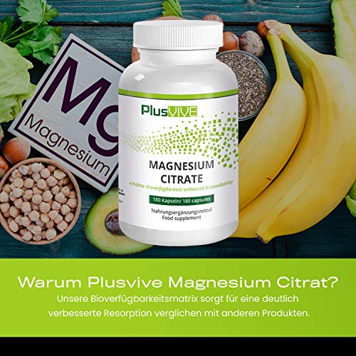 Plusvive - Cápsulas de dicitrato de trimagnesio con fórmula de mejora de biodisponibilidad (750 mg), 180 Cápsulas