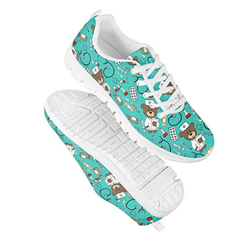 POLERO Zapatos Deportivos para Mujer, Zapatillas Planas con diseño de Osos, Zapatillas de Tenis con Cordones de Malla, Zapatos para Correr Ligeros y Casuales, EU 36，Azul Claro