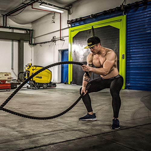 POWRX Battle Rope 9M x 38mm - Cuerda de Batalla Ideal para »Entrenamiento Funcional« - Agarre Antideslizante + PDF Workout (Revestimiento Negro)